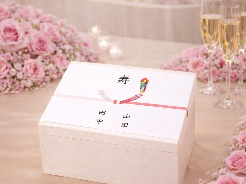 結婚式場のテーブルに置かれた熨斗付きの桐箱入り引き出物