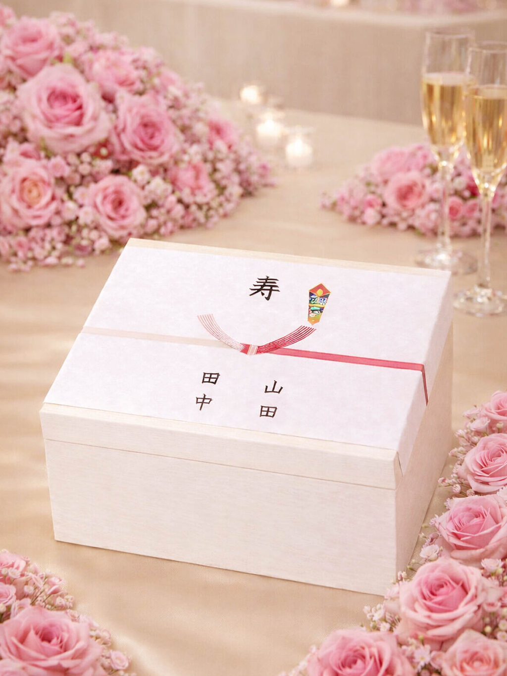 結婚式場のテーブルに飾られた熨斗付きの桐箱入り名入れグラスの引き出物