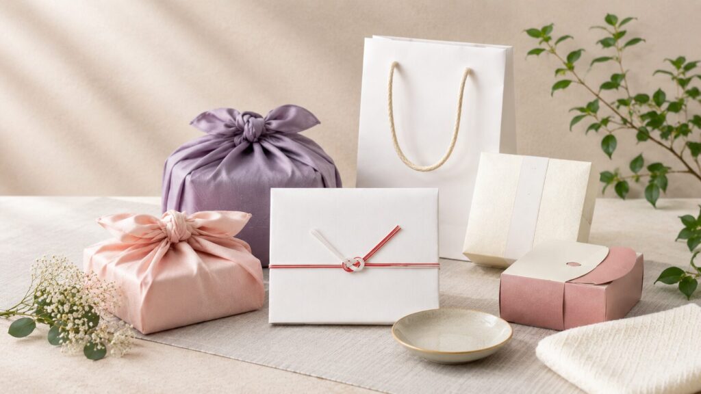 結婚式の引き出物として用意された上品な包装ギフトとのし袋、風呂敷包みのイメージ