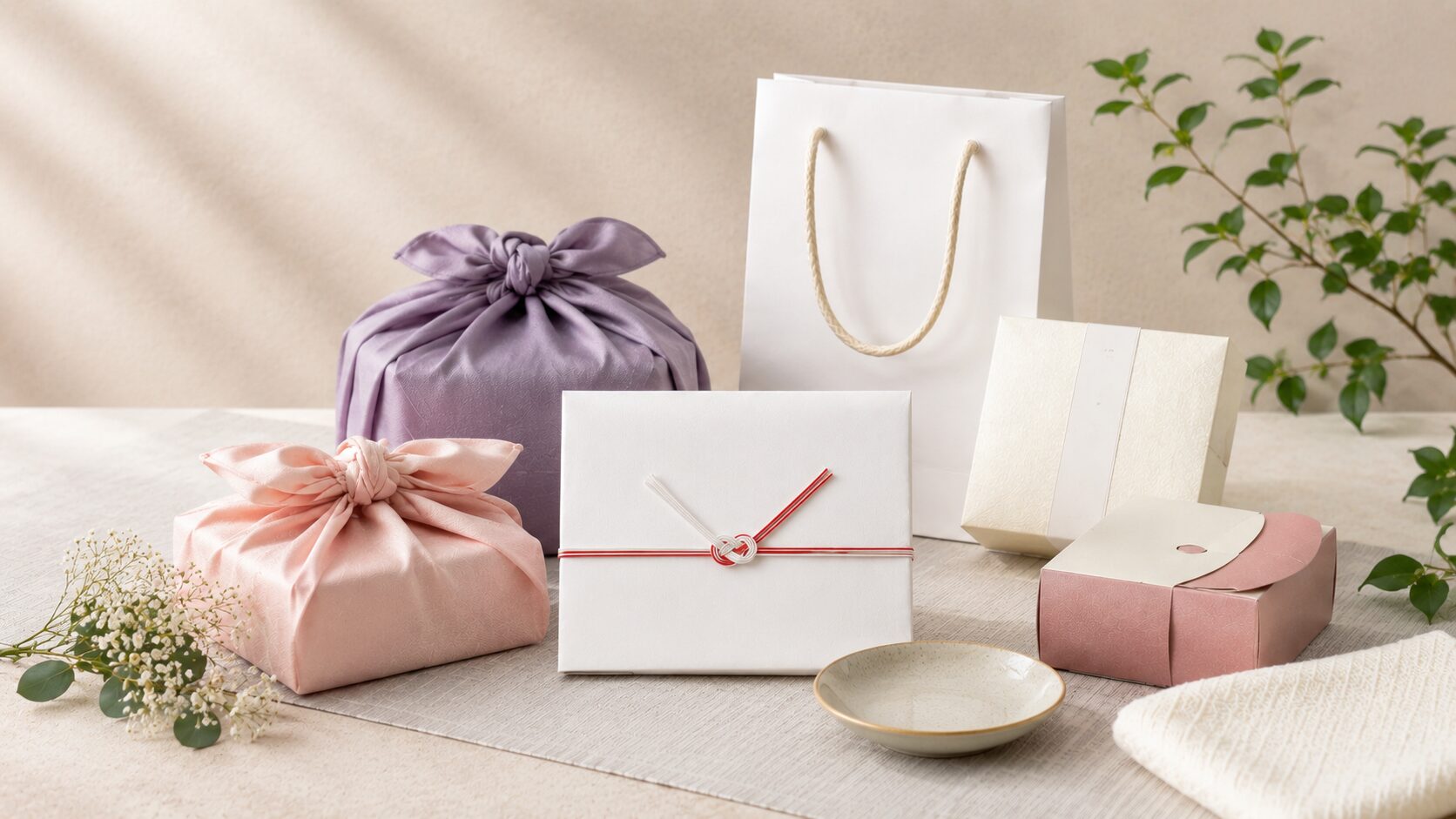 結婚式の引き出物として用意された上品な包装ギフトとのし袋、風呂敷包みのイメージ