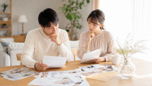 結婚式場の見積もりを確認しながら秋田の結婚式費用を相談する日本人カップル