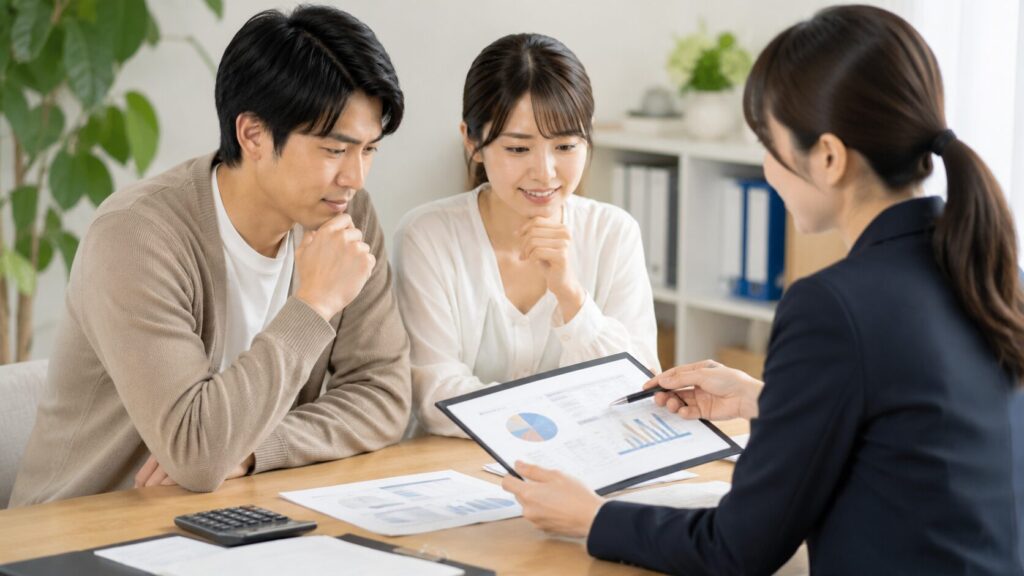 ブライダルローンについて担当者から説明を受ける日本人カップルの相談風景