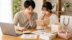 結婚式の引き出物相場を確認しながら予算や品物を相談する新郎新婦