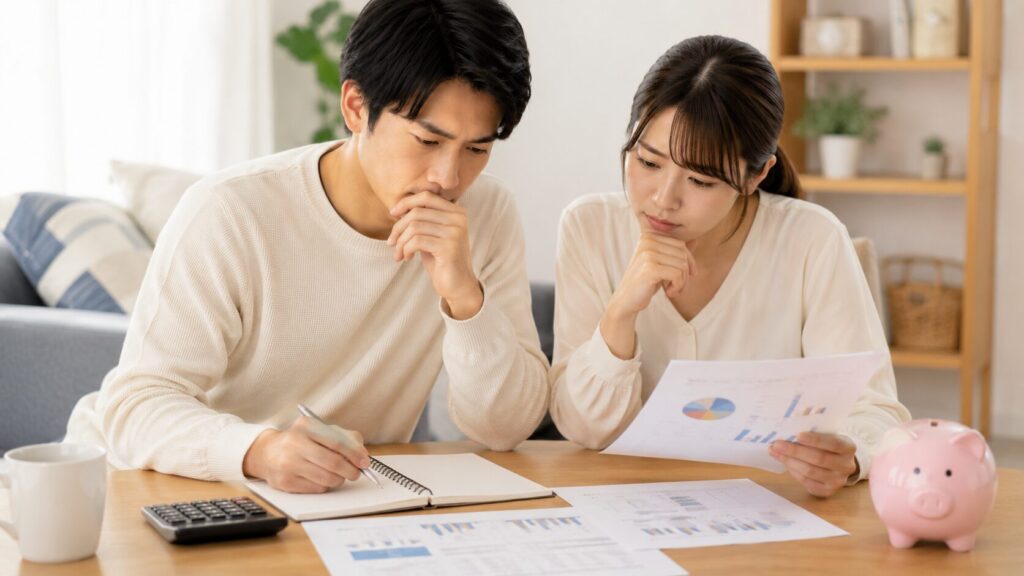結婚式後の家計やローン返済計画を確認しながら将来設計を考える夫婦