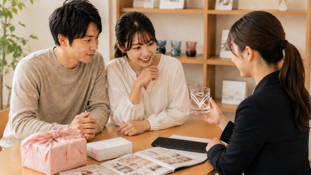 プランナーが新郎新婦に名入れロックグラスの引き出物を提案している相談風景