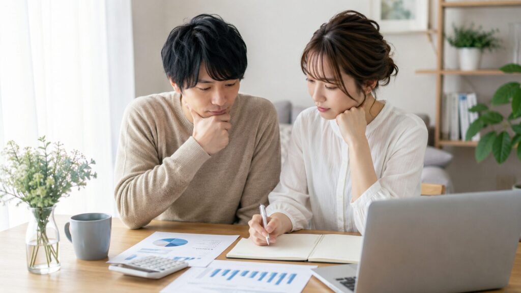 結婚式の平均費用や自己負担額を確認しながら予算を考える日本人カップル