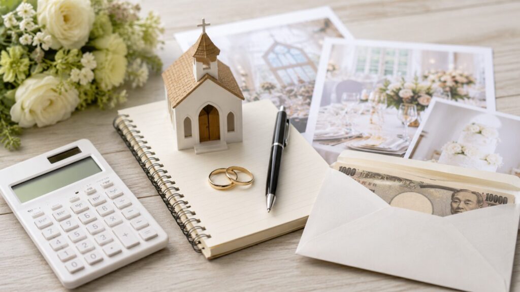 結婚式費用の計画に必要な電卓や婚約指輪、現金、ノートを並べた資金計画のイメージ