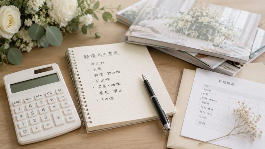 結婚式費用の見積もりや計算機、ブライダル資料を並べて予算計画を立てるイメージ