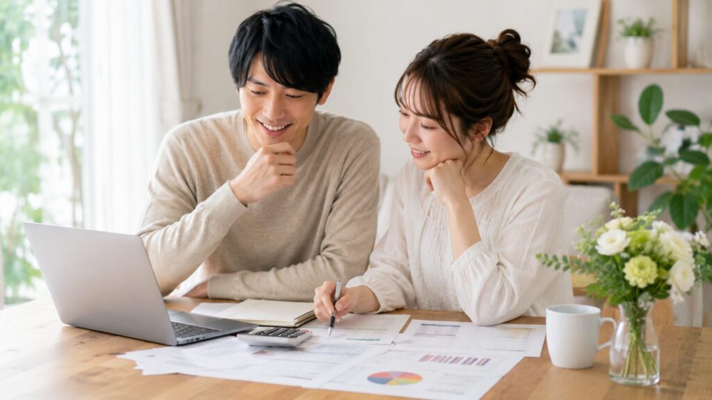 結婚式の予算や見積もりを笑顔で相談するカップル