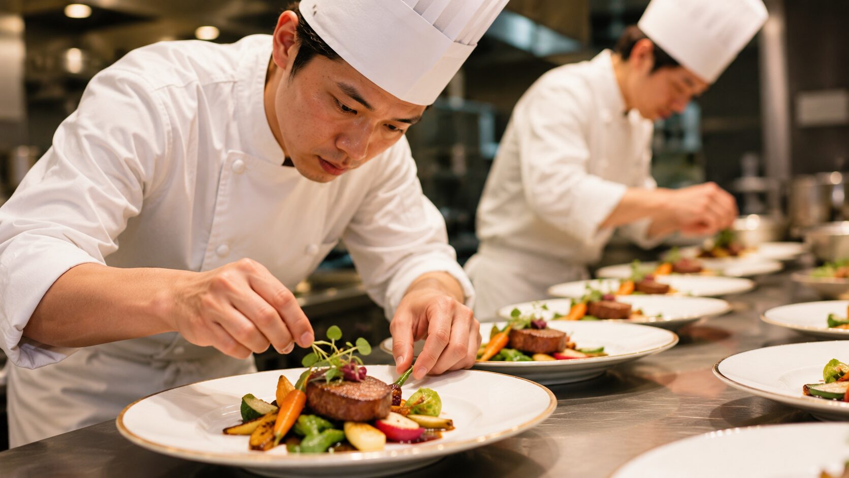 結婚式のフルコース料理を丁寧に盛り付ける日本人シェフの調理風景