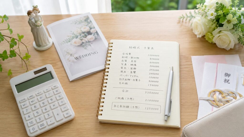 結婚式費用の内訳をノートと電卓で整理する予算計画