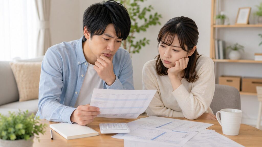 結婚式費用の請求書や見積書を見比べながら、自己負担額について悩むカップル
