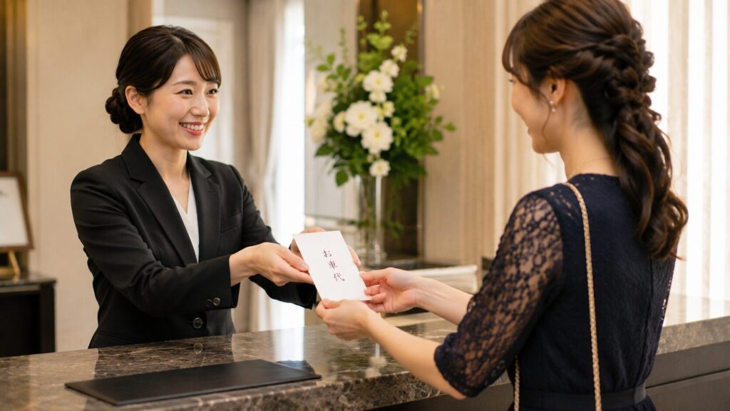 お車代のポチ袋を丁寧に手渡している結婚式の場面