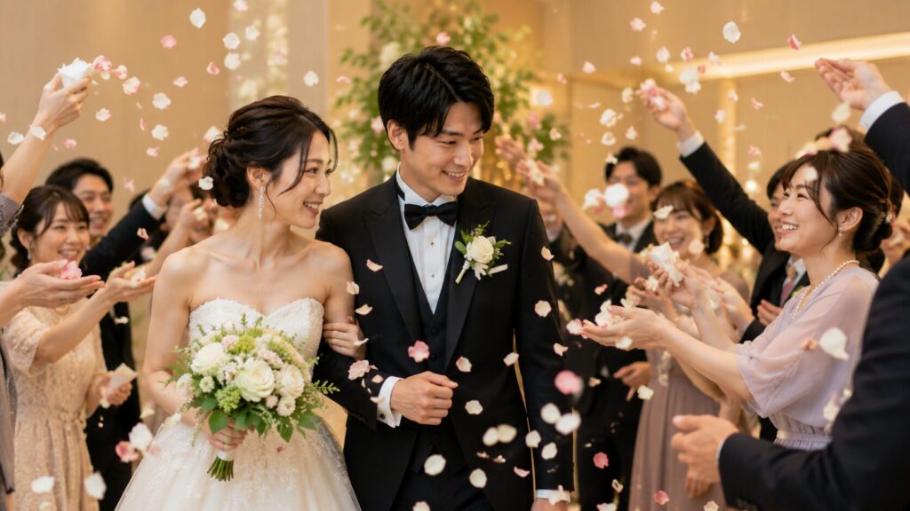 結婚式で新郎新婦がゲストからフラワーシャワーで祝福される感動的な場面
