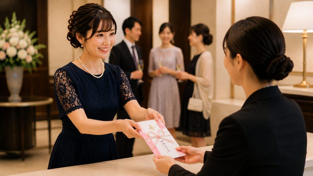 結婚式で日本人女性ゲストが新郎新婦へ丁寧に贈り物を渡すお祝いの場面