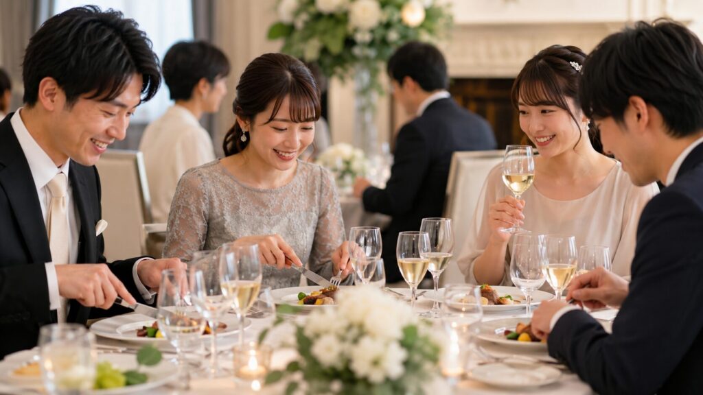 結婚式の披露宴で日本人ゲストがフルコース料理を楽しんでいる様子
