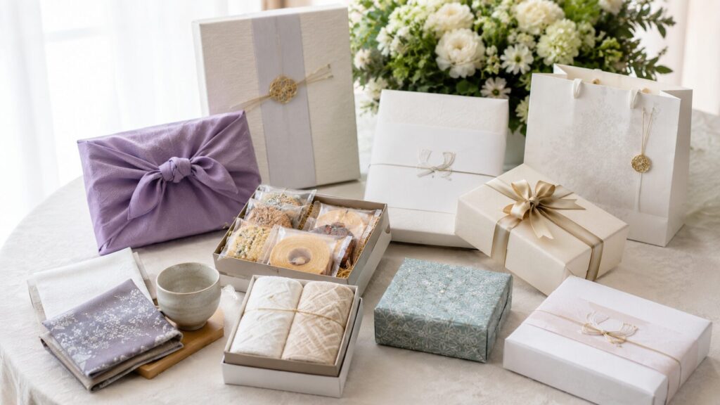 結婚式で用意される引き出物や引き菓子をまとめた上品なギフトセット