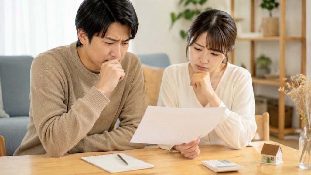 結婚式費用の資料を見ながらローン返済について真剣に話し合う日本人カップルのイメージ
