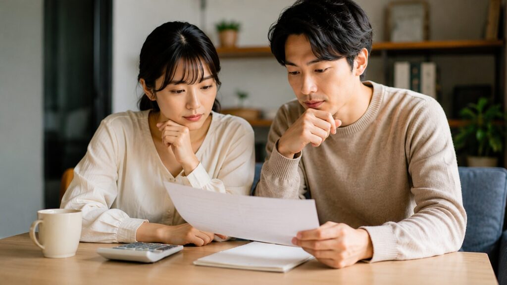 結婚式のお車代や交通費の金額を夫婦で確認している新郎新婦のイメージ