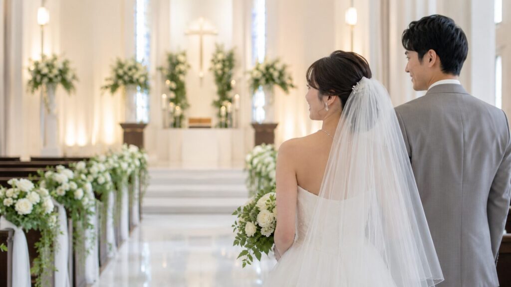結婚式0円キャンペーンの対象となる挙式をイメージした、明るいチャペルで幸せそうに歩く日本人の新郎新婦