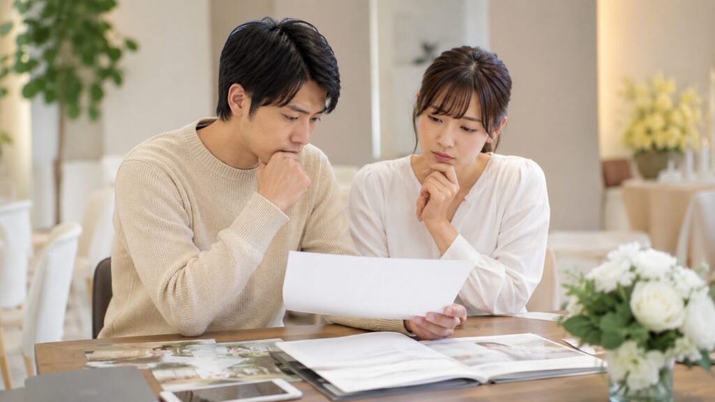 結婚式0円キャンペーンの見積書を見ながら、費用や契約内容について真剣に相談する日本人カップルの様子