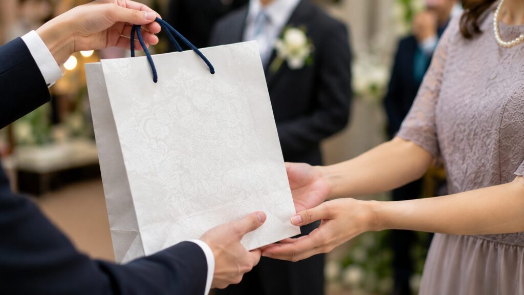 結婚式で感謝を込めたギフトバッグをゲストへ渡す様子