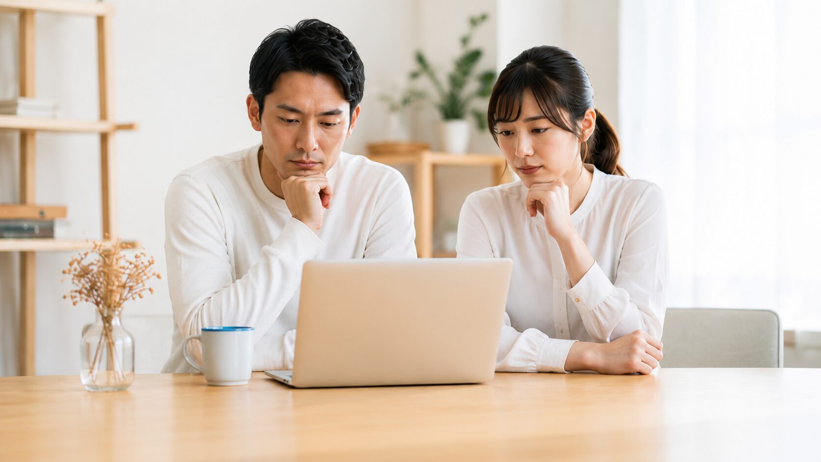 結婚式の引き出物を用意するかパソコンを見ながら相談するカップル