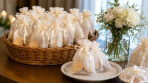 結婚式のお見送り用に個包装されたお菓子のプチギフト