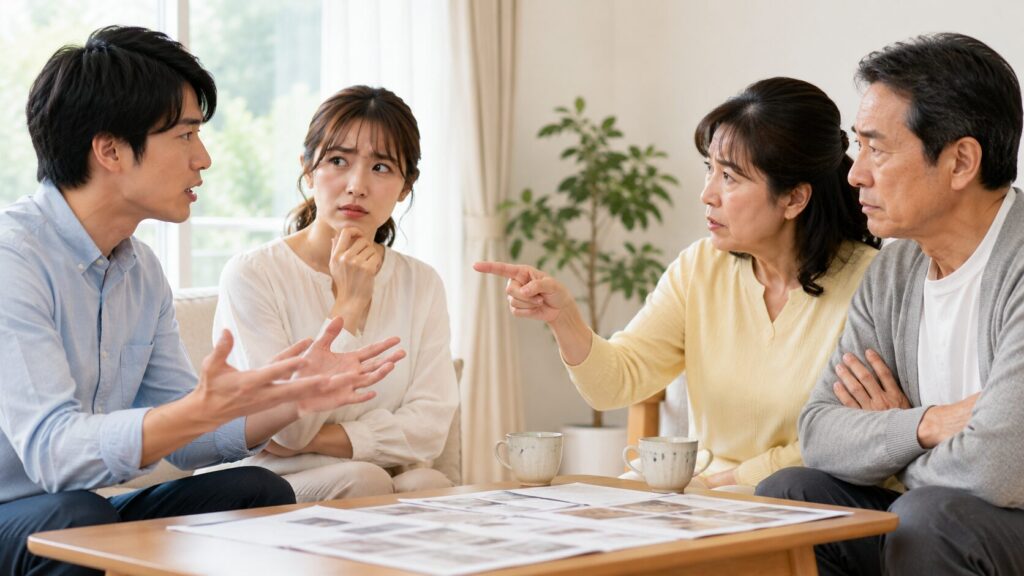 結婚式の遠方ゲストへの交通費負担について両家で話し合いをする日本人家族のイメージ