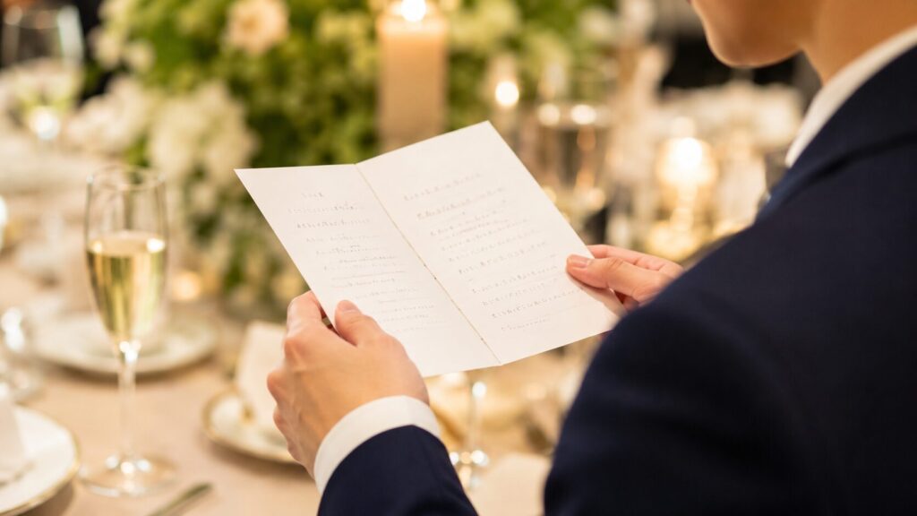 結婚式の新郎挨拶でカンペを確認する手元と披露宴会場の様子