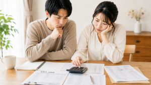 結婚式の見積書を見ながら電卓で費用を計算するカップル。予算オーバーを防ぐために真剣に相談している様子。