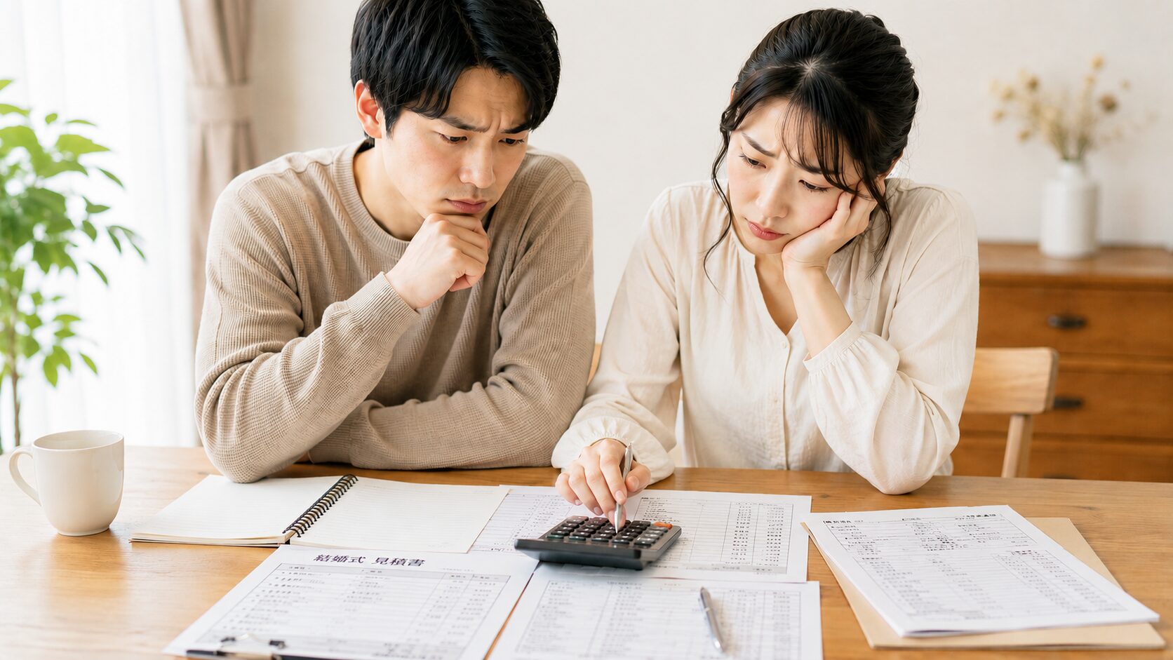 結婚式の見積書を見ながら電卓で費用を計算するカップル。予算オーバーを防ぐために真剣に相談している様子。