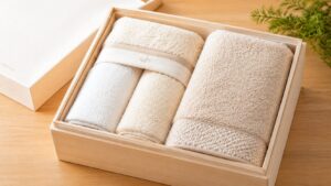 木箱に白とベージュの上質なタオルを詰めた結婚式の引き出物セット