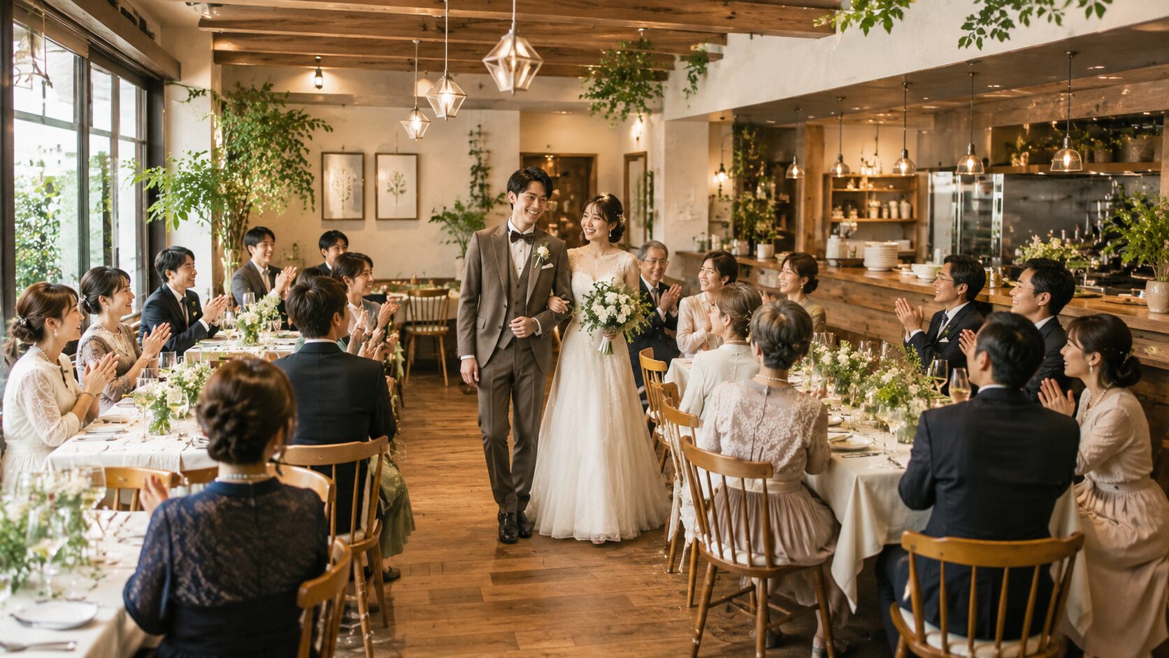レストラン婚でみんなに祝福されている新郎新婦