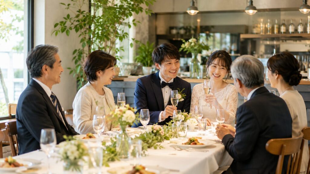 少人数の家族婚で新郎新婦と親族が食事を楽しむ結婚式の会食