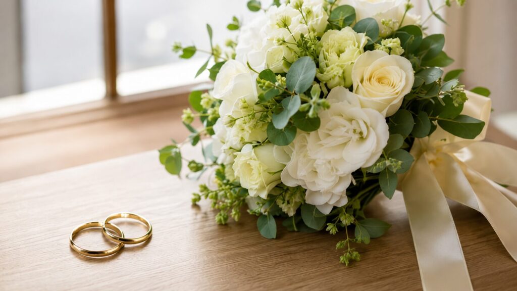 結婚式の感謝と誓いを象徴する白いブーケと結婚指輪