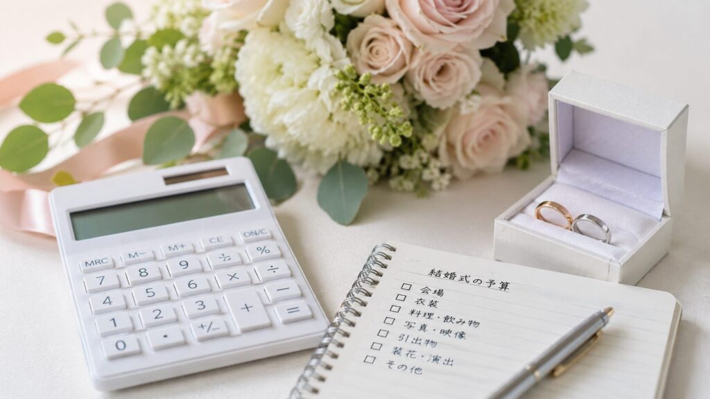 結婚式の予算計画をイメージした電卓、結婚指輪、ブーケ、ノートを並べたテーブル。結婚式費用の管理や節約を表現したイメージ。