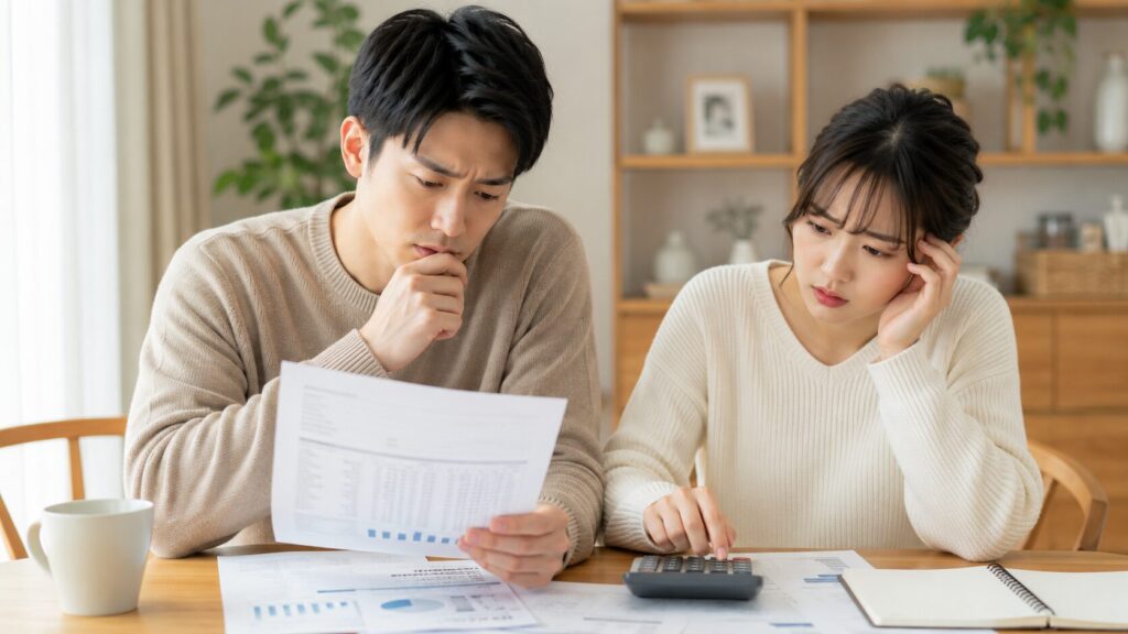 結婚式の見積書や家計を確認しながら予算について悩むカップルの様子