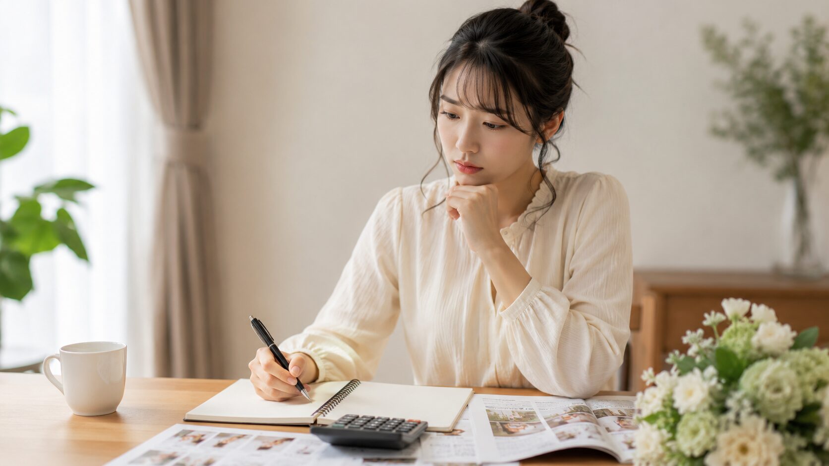 結婚式の見積書を前に、電卓を使いながら予算を確認する新婦。費用を抑える方法を真剣に考えている様子