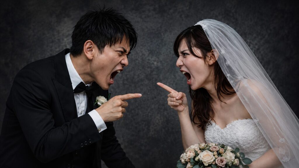 結婚式衣装の新郎新婦が暗い背景の前で向かい合い、指を差しながら激しく言い争っている