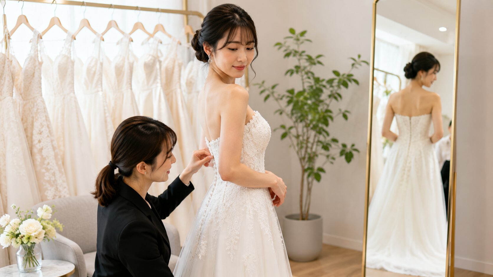 結婚式の準備期間中に花嫁がドレスショップでウェディングドレスを試着している様子