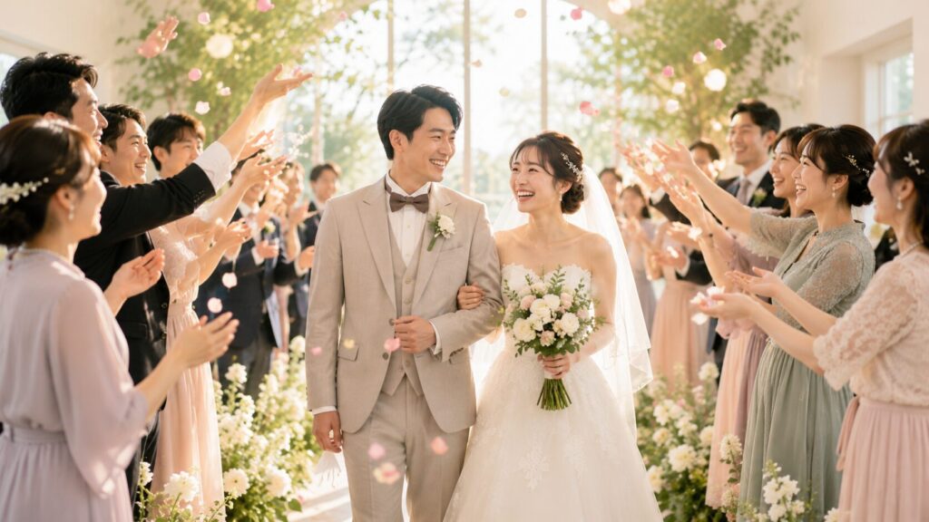 新郎新婦がゲストに祝福されながら歩く温かい結婚式