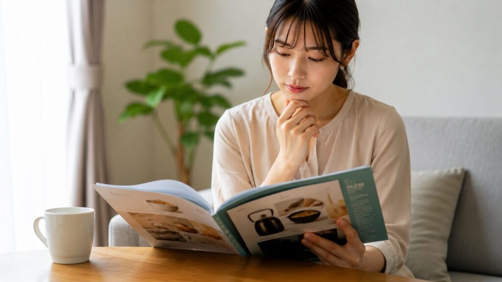 結婚式の引き出物カタログを見ながら申込期限を確認する女性