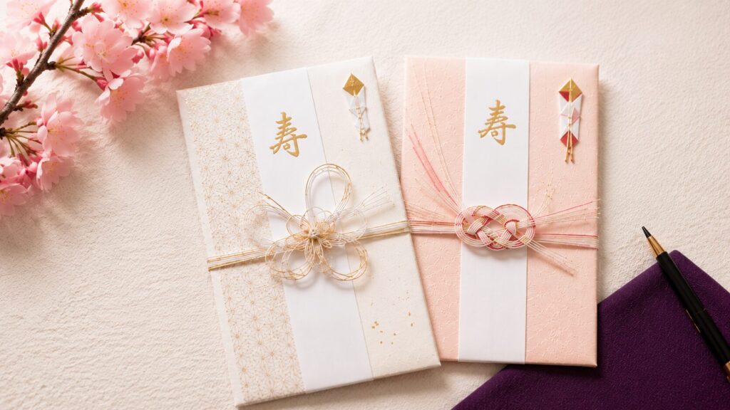 結婚式で使われる上品なご祝儀袋を複数並べた比較イメージ。水引やデザインの違いが分かる華やかな写真。