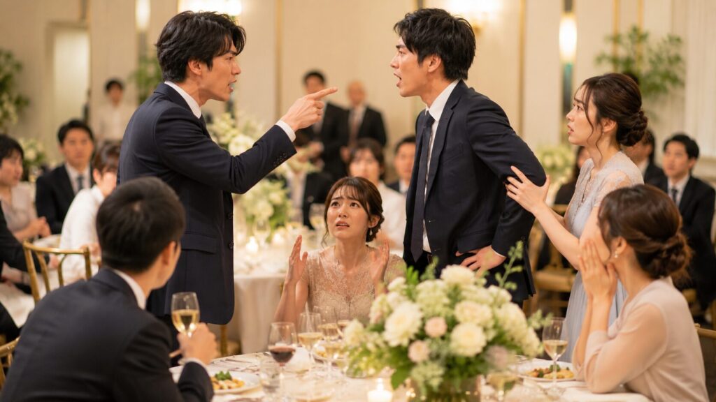 披露宴会場でゲスト同士が口論になり、周囲の参列者やスタッフが止めに入る結婚式トラブルの様子