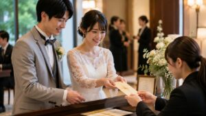 結婚式当日に受付で遠方ゲストへのお車代をスタッフへ預ける新郎新婦の様子