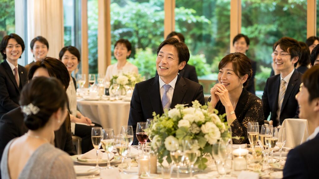 新郎の挨拶を笑顔で聞く結婚式ゲストと披露宴会場の温かな雰囲気