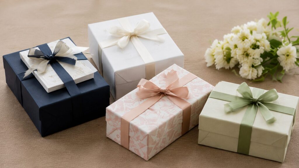 友人や上司、親族などゲストとの関係性に合わせて贈り分ける、色や大きさの異なる結婚式の引き出物