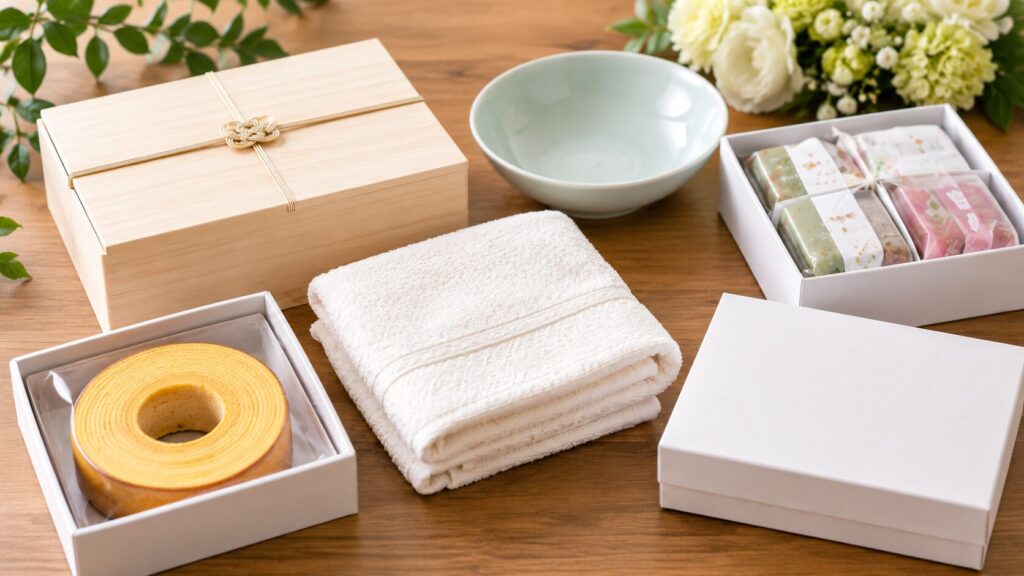 結婚式の引き出物として用意された記念品の器、引き菓子のバウムクーヘン、縁起物の詰め合わせ