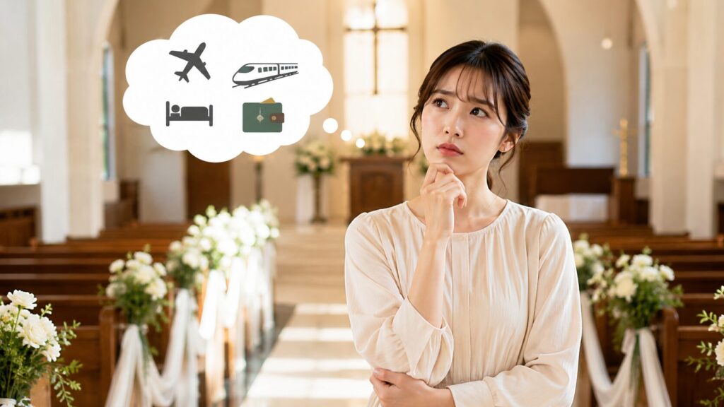 結婚式で遠方ゲストの交通費や宿泊費、お車代の負担について悩みながら考える女性